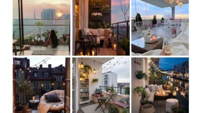 Collage of cozy balcony designs with plants, seating, and ambient lighting, perfect for relaxation and enjoying city views at sunset.