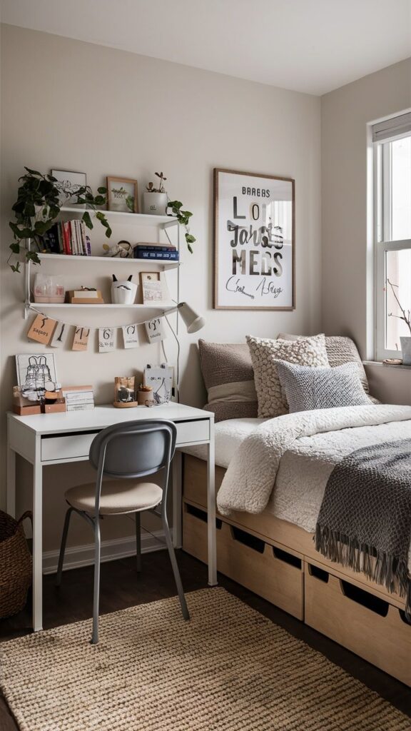 Creative Dorm Room Ideas_ Transform Your Space into a Stylish and Functional Haven Cozy bedroom with a desk, chair, and shelves. Warm tones, decorative plants, and cushions create a peaceful, organized space. - Handy Home Cozy bedroom with a desk, chair, and shelves. Warm tones, decorative plants, and cushions create a peaceful, organized space.