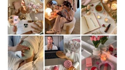 Self-care routine collage: reading, journaling, skincare, and cozy relaxation with candles and flowers for a calming lifestyle vibe.