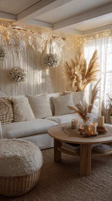 Dried pampas grass and macrame ornaments bring boho charm to living room - Handy Home Cozy boho living room with white sofa, pampas grass, candles, and macramé wall decor, bathed in soft natural light.