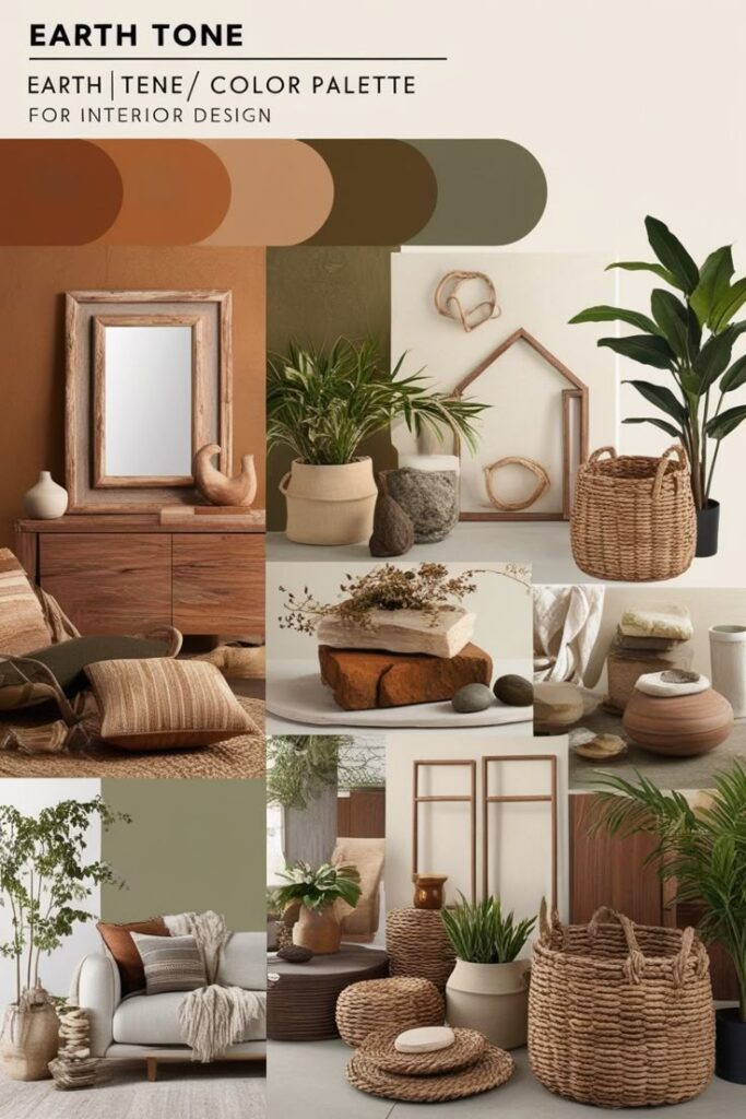 Earth Tone Interior Design Color Palette_ Create Cozy Timeless Spaces Earth tone interior design collage featuring natural decor, plants, and neutral colors for a warm, inviting space. - Handy Home Earth tone interior design collage featuring natural decor, plants, and neutral colors for a warm, inviting space.