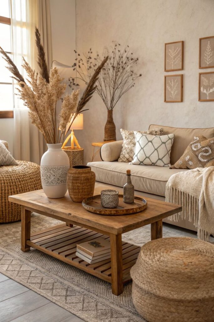 Earthy Color Palettes for a Nature-Inspired Home - Handy Home Cozy living room with beige sofa, wooden coffee table, woven decor, pampas grass, and earthy tones for a boho-chic style.