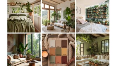 A collage showcasing cozy, nature-inspired home interiors with greenery and neutral color palette swatches.