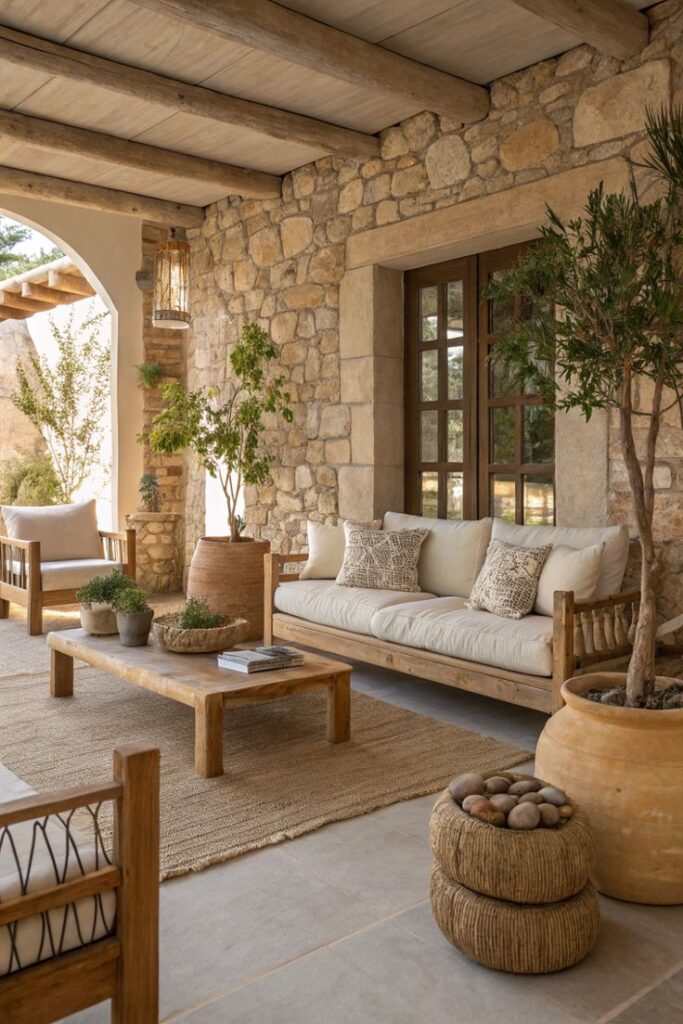 Earthy Interior Design Using Natural Materials Cozy patio with rustic stone walls, wooden furniture, and potted plants, creating a serene outdoor living space. - Handy Home Cozy patio with rustic stone walls, wooden furniture, and potted plants, creating a serene outdoor living space.