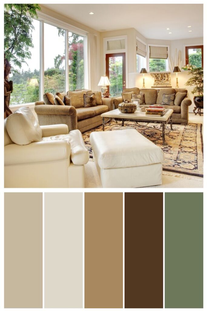Earthy Living Room Palette for a Relaxing Home Cozy living room with earth-tone sofas and natural light, highlighted by a color palette bar beneath. - Handy Home Cozy living room with earth-tone sofas and natural light, highlighted by a color palette bar beneath.