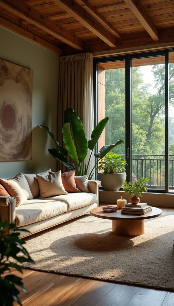 Earthy Living Room _ Natural Decor Ideas with Organic Textures 🌿🏠 Cozy living room with natural light, wooden ceiling, plants, beige sofa, and large window view of trees. Perfect for relaxation. - Handy Home Cozy living room with natural light, wooden ceiling, plants, beige sofa, and large window view of trees. Perfect for relaxation.