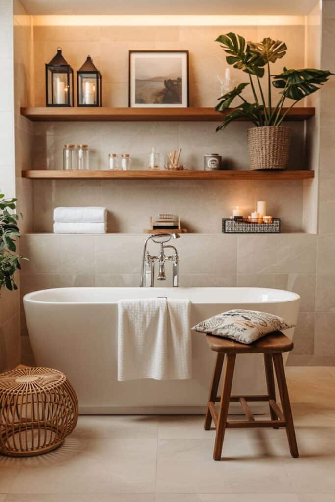 Easy Spa Bathroom Ideas You Can Try Today - Handy Home Luxurious bathroom setup with a freestanding bathtub, wooden shelves, plants, and candles, creating a relaxing spa-like atmosphere.