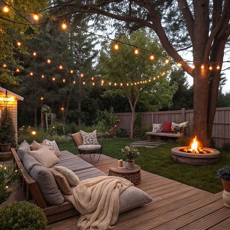 Easy Statement Pieces That Pop Cozy backyard patio with string lights, comfy seating, and a warm fire pit for relaxing evenings under the trees. - Handy Home Cozy backyard patio with string lights, comfy seating, and a warm fire pit for relaxing evenings under the trees.