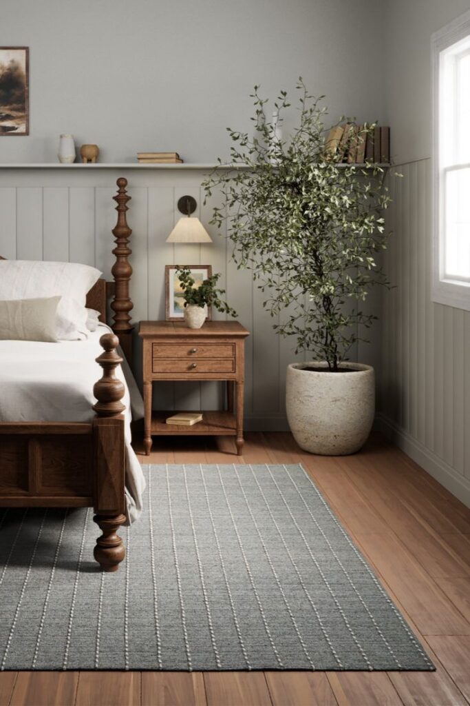 Embrace Coziness_ Oliver OLI-1 Rug and Cottagecore Aesthetics Elegant bedroom with wooden bed, nightstand, and large potted plant. Neutral tones, cozy decor, and natural light create a serene ambiance. - Handy Home Elegant bedroom with wooden bed, nightstand, and large potted plant. Neutral tones, cozy decor, and natural light create a serene ambiance.