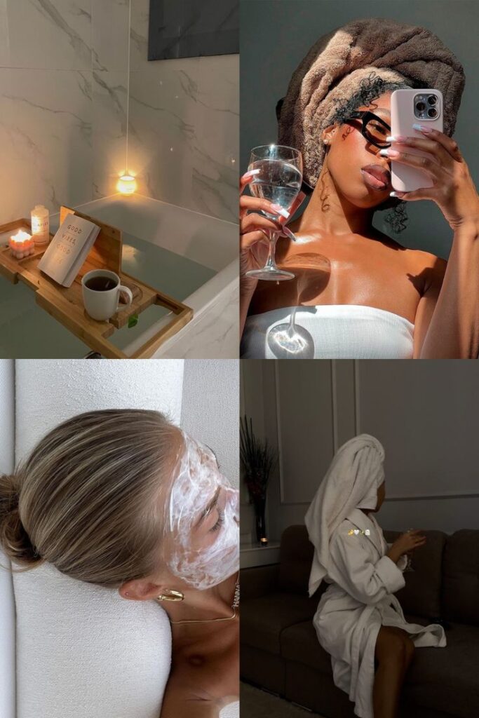 Embracing Self-Care - Handy Home Self-care routine with bath, face mask, towel turban, candles, and relaxing moments. Luxurious pampering at home.