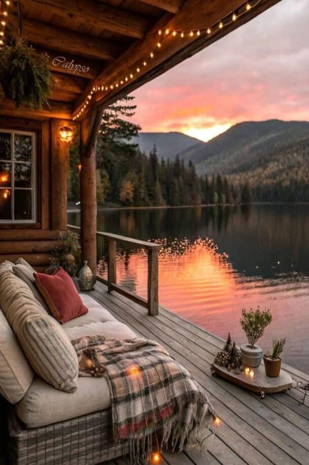 Escape To Serenity With These 10 Cozy Cabin Trip Ideas For 2025 Cozy cabin deck with string lights and sunset over lake and mountains, ideal for relaxing getaway. - Handy Home Cozy cabin deck with string lights and sunset over lake and mountains, ideal for relaxing getaway.