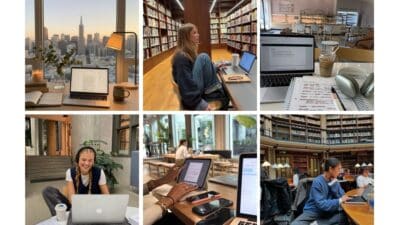 Collage of people studying in libraries and cafes, using laptops and notebooks, with city and book backgrounds.