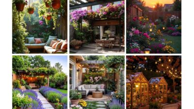 Collage of lush, colorful garden scenes with seating areas, flowers, and string lights at sunset. Peaceful outdoor retreats.