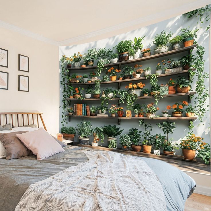 Garden Plant Leaf Wildflower Green Cactus Tapestry for bedroom living room dorm Cozy bedroom with a lush vertical garden, featuring vibrant potted plants and cascading greenery on wall shelves. Serene and natural decor. - Handy Home Cozy bedroom with a lush vertical garden, featuring vibrant potted plants and cascading greenery on wall shelves. Serene and natural decor.