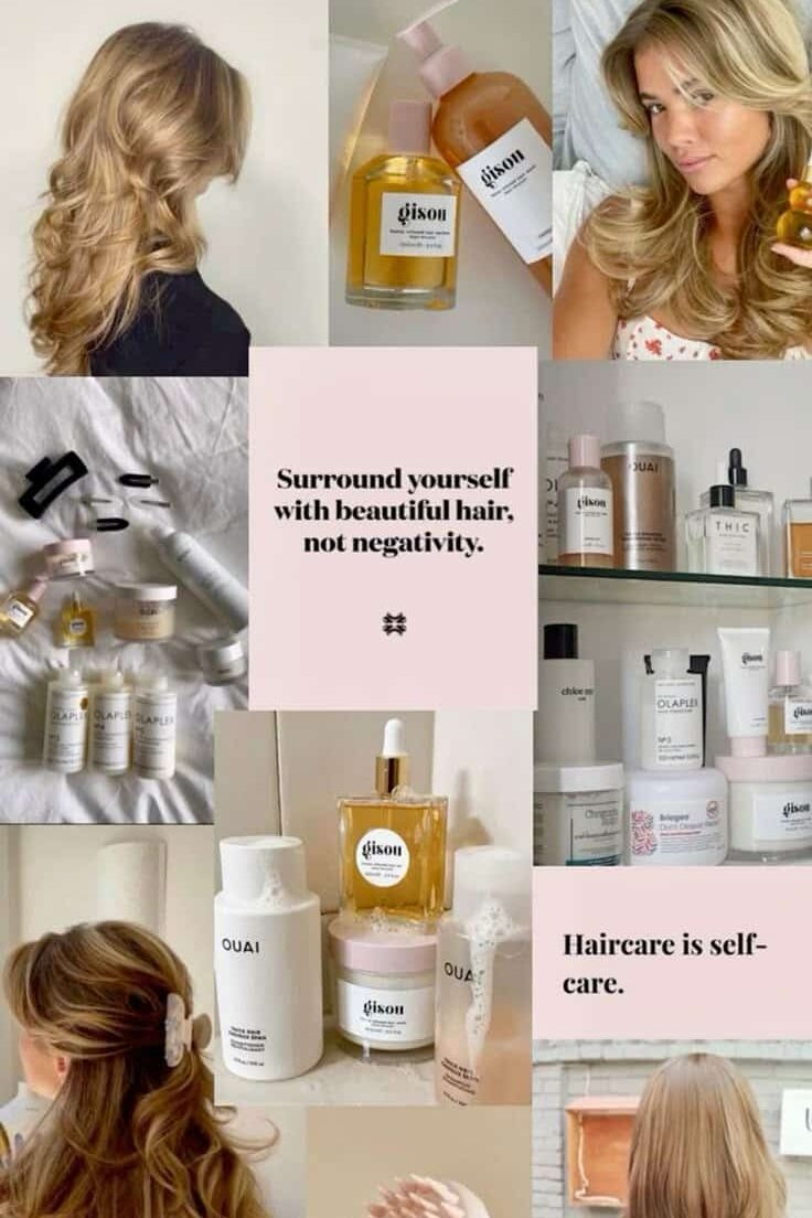 Hair care💇🏼_♀️ - Handy Home Collage of luxurious haircare products and beautifully styled hair with quotes highlighting self-care and positivity.