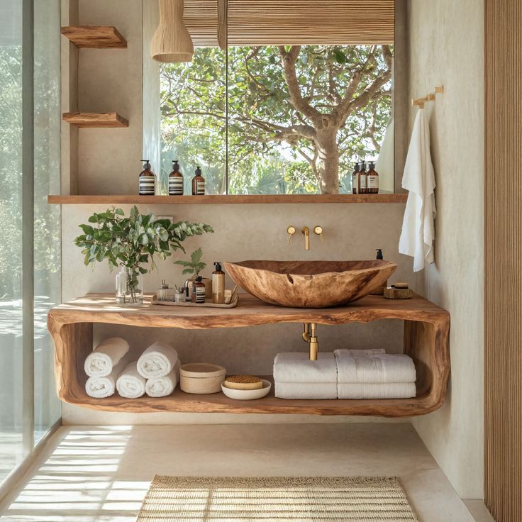 Handcrafted Wooden Vanity For Bathroom Natural Look SILDTTRBRV024 - Handy Home Modern rustic bathroom with wood sink, gold fixtures, and natural light, creating a serene, stylish, eco-friendly ambiance.