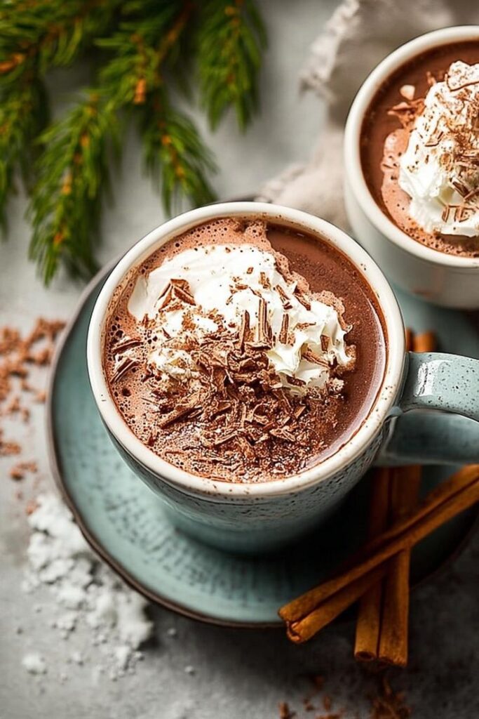Healthy Hot Chocolate Recipe Creamy Low Sugar Cocoa - Handy Home Creamy hot chocolate with whipped cream and chocolate shavings in a rustic mug, garnished with cinnamon sticks on a winter day.