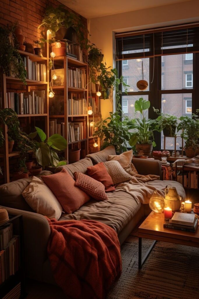 Home Decor Interior Design Organized Home Cottagecore Living 301225 Cozy living room with plants, bookshelves, fairy lights, and a plush sofa adorned with cushions and a blanket, creating a warm ambiance. - Handy Home Cozy living room with plants, bookshelves, fairy lights, and a plush sofa adorned with cushions and a blanket, creating a warm ambiance.