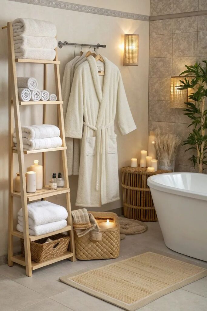 How to Make Your Bathroom Classy_ 25 Elegant Decor Ideas - Handy Home Luxurious bathroom with white robe, towels, soft lighting, and candles. Spa-like serenity for relaxation.
