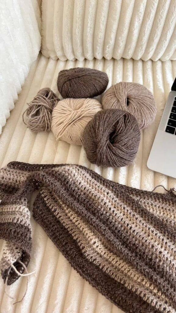 IG_ by_anahid - Handy Home Cozy knitting project with brown and beige yarn balls on a soft couch, laptop nearby. Ideal for crafting inspiration.