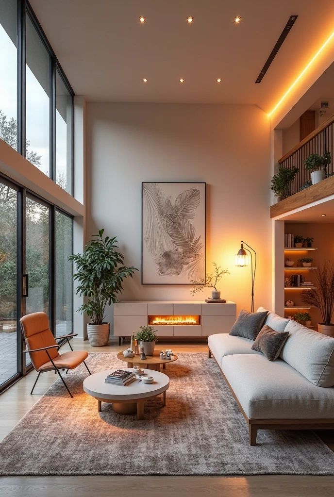 Interior Design Trends You Need to See in 2025 - Handy Home Modern living room with tall windows, cozy seating, fireplace, and stylish decor. Warm lighting, plants, and art complete the ambiance.