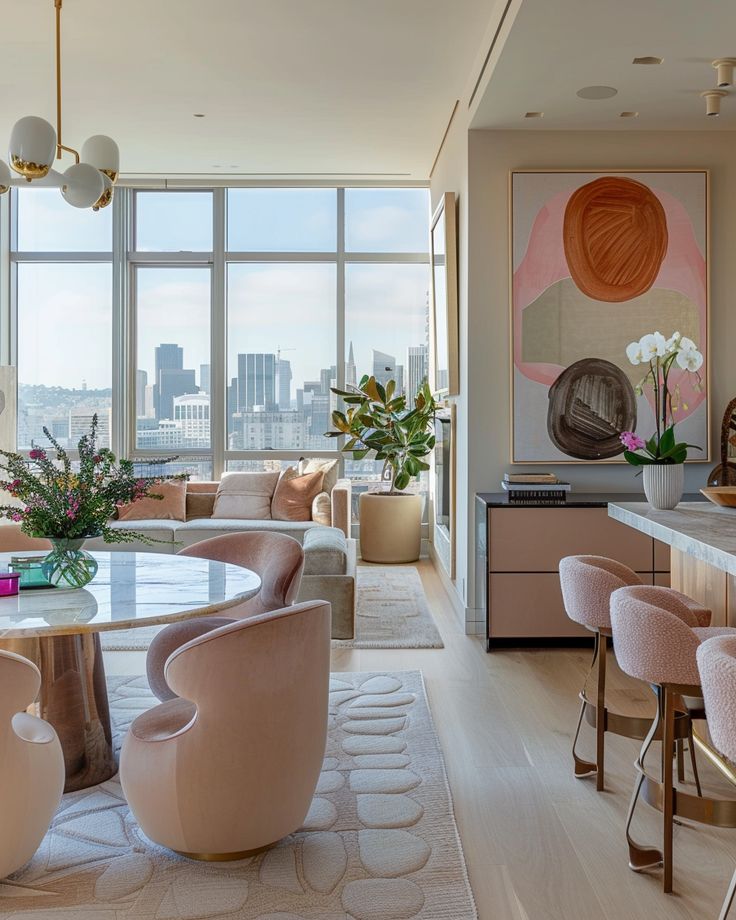 Kelly Wearstler-Inspired San Francisco Oasis_ Mid-Century Meets Modern Living Bright Interiors - Handy Home Modern living room with city view, featuring abstract art, plush seating, marble table, and soft pink tones. Elegant and chic interior design.