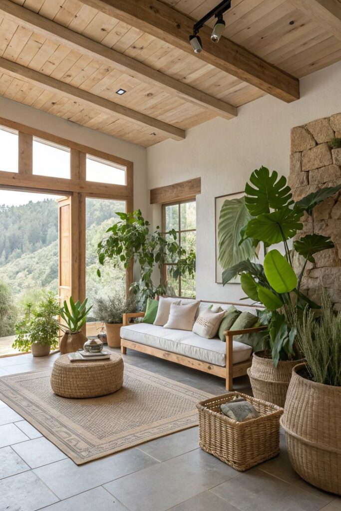 Kinds of Interior Design Styles for Nature Lovers Cozy living room with wood beams, large windows, plants, and a sofa, blending rustic and nature-inspired interior design. - Handy Home Cozy living room with wood beams, large windows, plants, and a sofa, blending rustic and nature-inspired interior design.