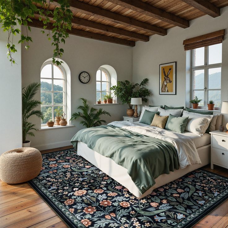 Lahome 8 x 10 ft Black GST Intricate Floral Abundance Short Pile Velvet Rectangular Indoor Area Rug _ AR-DYR-433-B2 Cozy bedroom with green bedding, arched windows, plants, and wooden beams. Inviting serene decor with nature views. - Handy Home Cozy bedroom with green bedding, arched windows, plants, and wooden beams. Inviting serene decor with nature views.