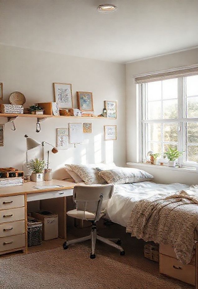 Light Academia Dorm Aesthetic with Neutral Walls and Vintage Accents Cozy bedroom with a sunny window, minimalist desk, white bedding, and framed art. Ideal small space design with natural light. - Handy Home Cozy bedroom with a sunny window, minimalist desk, white bedding, and framed art. Ideal small space design with natural light.