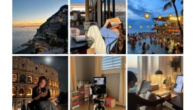 Collage of travel and lifestyle: scenic coast, cafe, pool party, historic site, home office, and cozy reading nook. Vibrant and dynamic scenes.