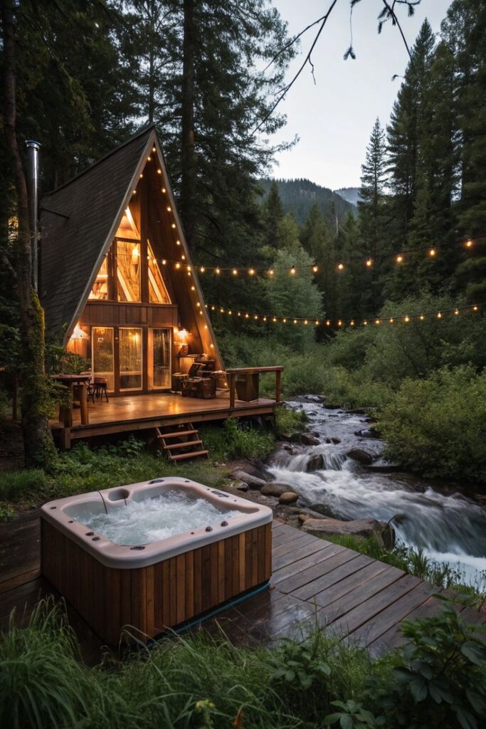 Little Owl Cabin Your Romantic Catskills A-Frame Hideaway A-frame cabin with string lights by a forest stream, featuring a hot tub on the deck. Perfect for a serene, nature-filled retreat. - Handy Home A-frame cabin with string lights by a forest stream, featuring a hot tub on the deck. Perfect for a serene, nature-filled retreat.