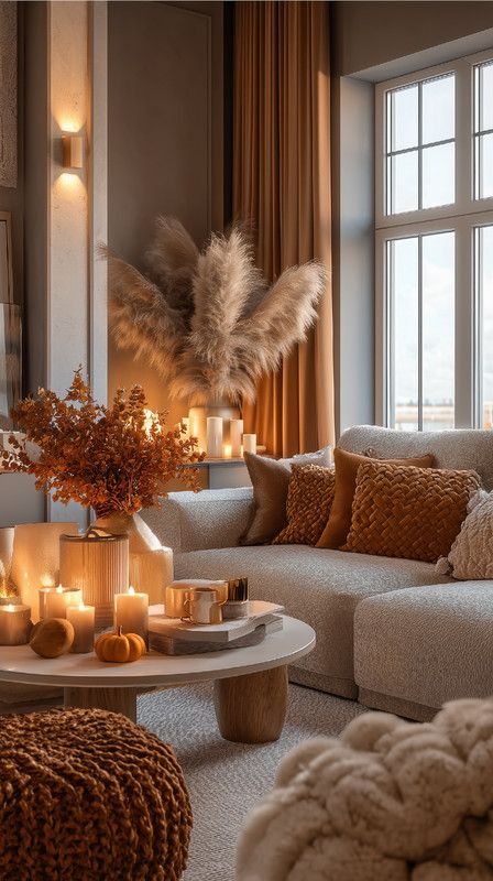 Living room with soft textures warm autumn color palette decor - Handy Home Cozy autumn-themed living room with warm lighting, fluffy decor, and a plush beige sofa adorned with orange pillows and seasonal accents.