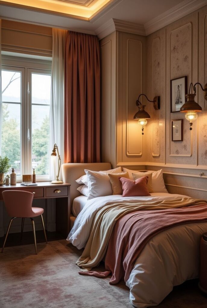 Luxury Dorm Room Ideas_ Modern Chic Spaces for Students Cozy bedroom with plush bedding, warm lighting, and elegant decor in soft pink tones, for a relaxing ambiance. - Handy Home Cozy bedroom with plush bedding, warm lighting, and elegant decor in soft pink tones, for a relaxing ambiance.