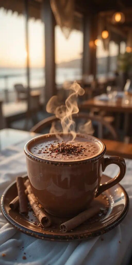 Make Authentic Mexican Hot Chocolate Today 🌶️☕ So Rich Spicy - Handy Home Steaming hot chocolate in a cozy cafe, topped with spices, and a sunset view in the background for a perfect relaxing moment.
