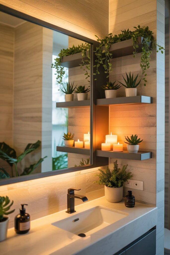 Mirror Styling Tips to Make Small Bathrooms Look Bigger for Apartment Living - Handy Home Modern bathroom with plants, candles, and soft lighting on shelves by a mirror, creating a cozy and elegant ambiance.