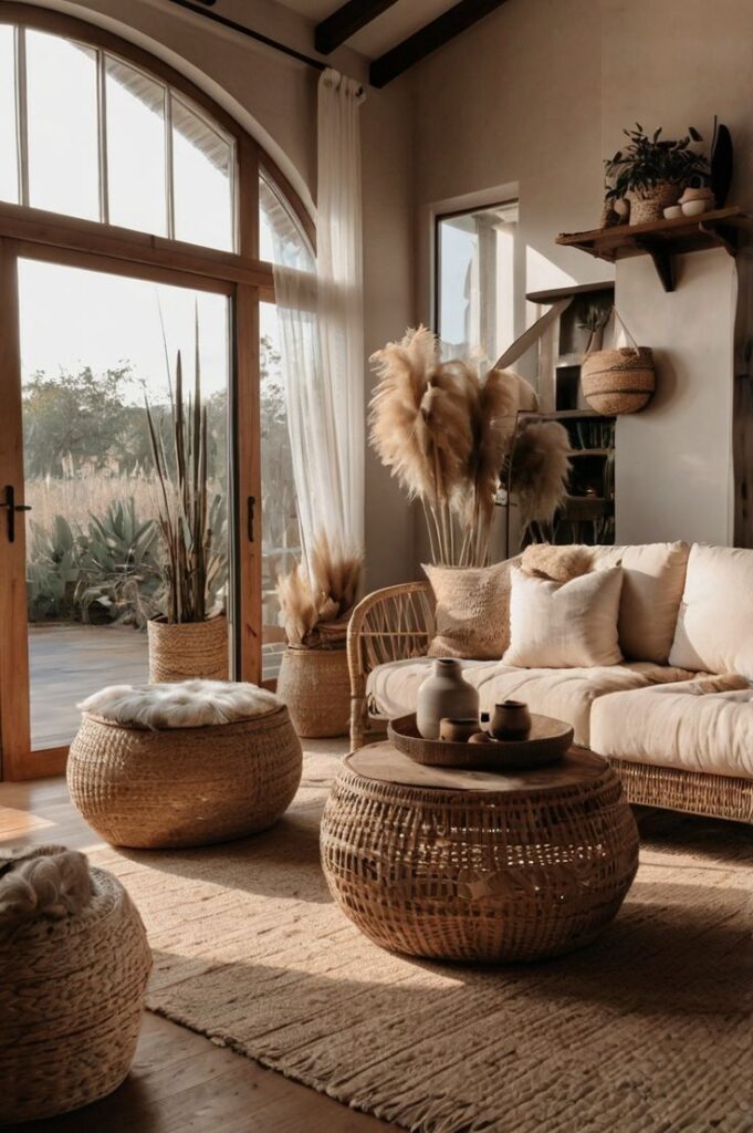 Modernes Boho Wohnzimmer mit Rattan weichen Texturen 🌸 - Handy Home Cozy boho living room with rattan furniture, pampas grass decor, large window, and natural light for a serene ambiance.