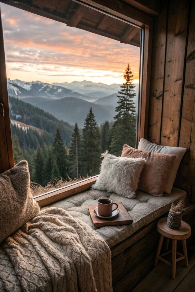 Mountain View from a Cozy Cabin 🏔️☕ Cozy cabin nook with cushions and wool blanket, overlooking a stunning mountain sunrise with pine trees. Perfect for relaxation. - Handy Home Cozy cabin nook with cushions and wool blanket, overlooking a stunning mountain sunrise with pine trees. Perfect for relaxation.