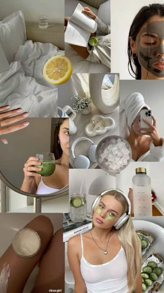 Nighttime Skincare Ritual 🌙 _ Self Care Relax Vibes - Handy Home Collage of self-care elements: face masks, cucumber water, reading, and relaxing at home. Wellness and relaxation vibes.