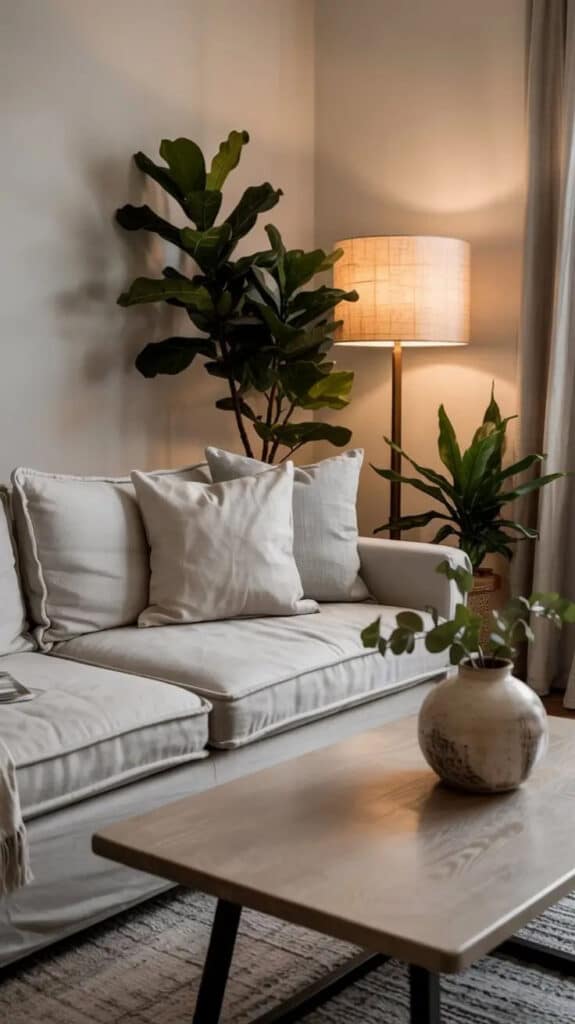 Relaxed Living Room Designs Ideas - Handy Home Cozy living room with white sofa, indoor plants, table lamp, and wooden coffee table with vase. Warm, inviting ambience.