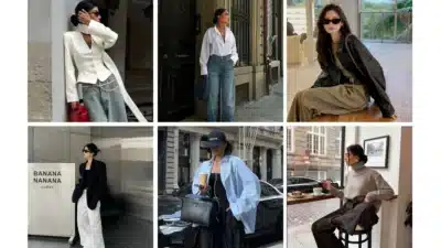 Fashionable street style collage featuring women in chic, modern outfits, showcasing trends with jeans, blazers, and accessories.