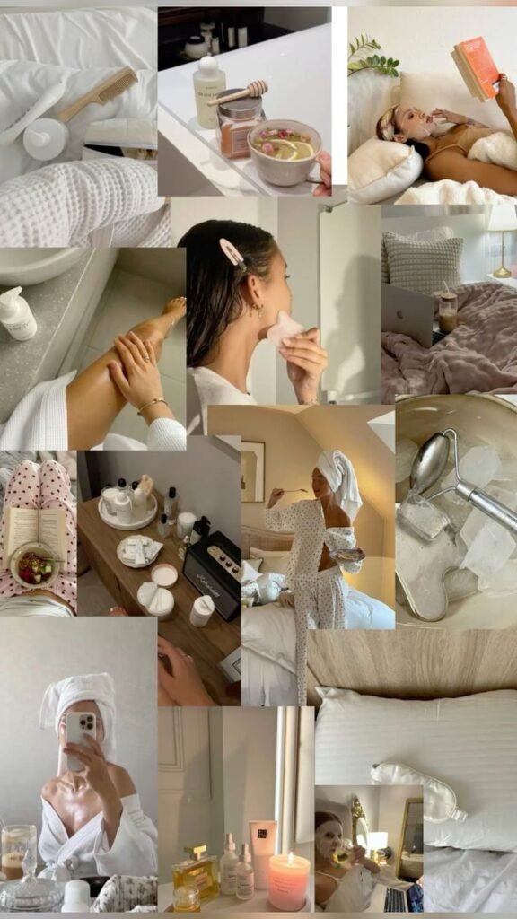 Collage of self-care activities: skincare, tea, relaxing, and reading in a cozy setting. Perfect for a relaxing evening routine.