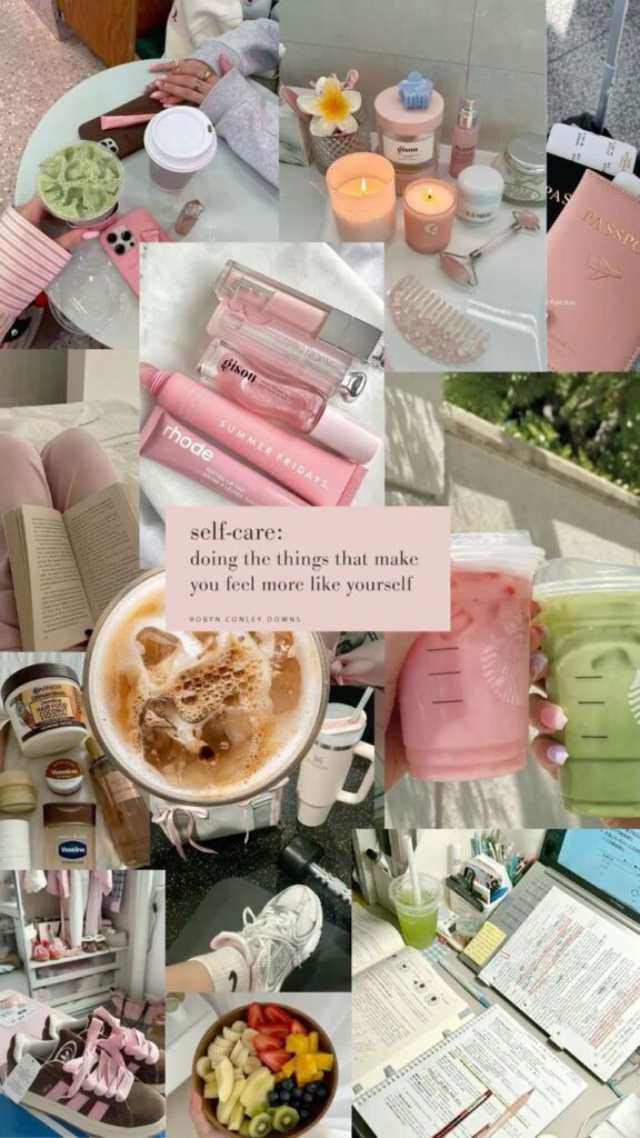 Self care✨🌸 - Handy Home Collage of self-care essentials: skincare, drinks, books, candles, gym shoes, and notes for a balanced, relaxing lifestyle.