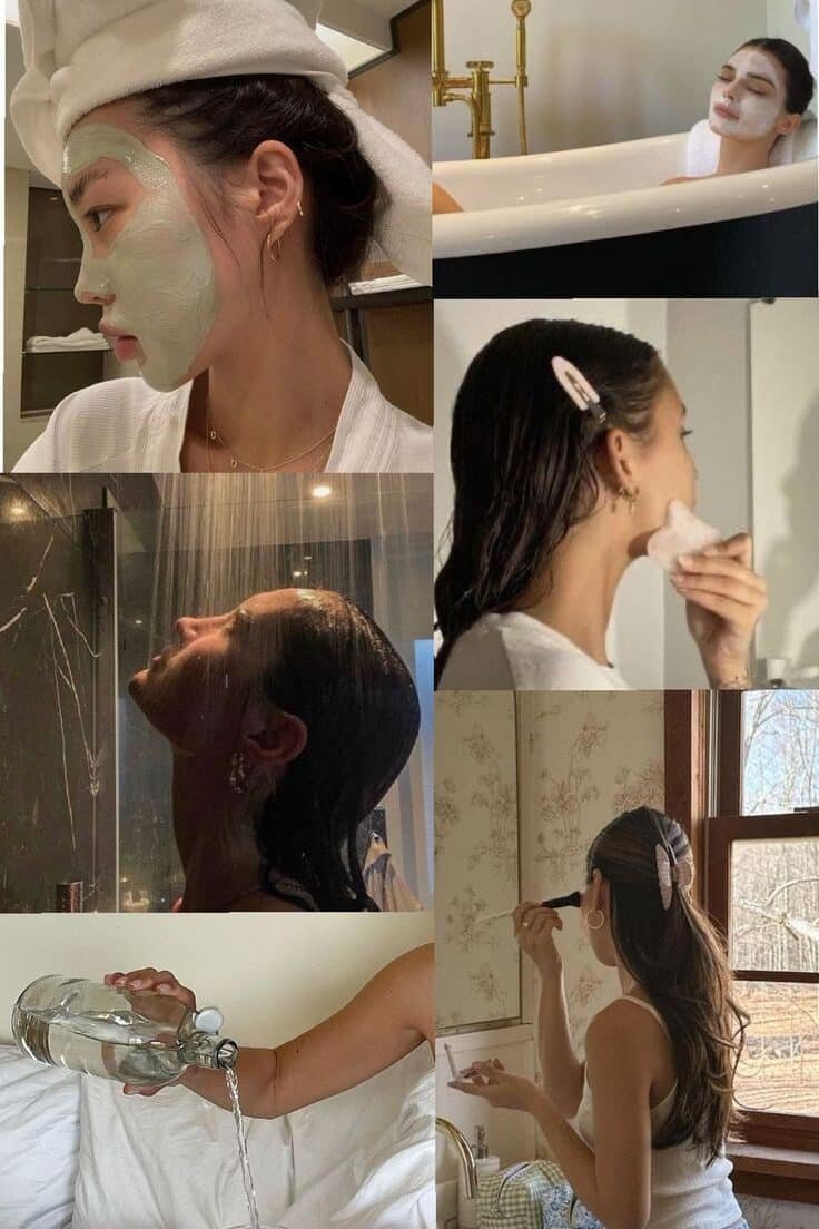 Collage of a woman embracing self-care: face masks, bathing, showering, skincare, hydration, and makeup application.