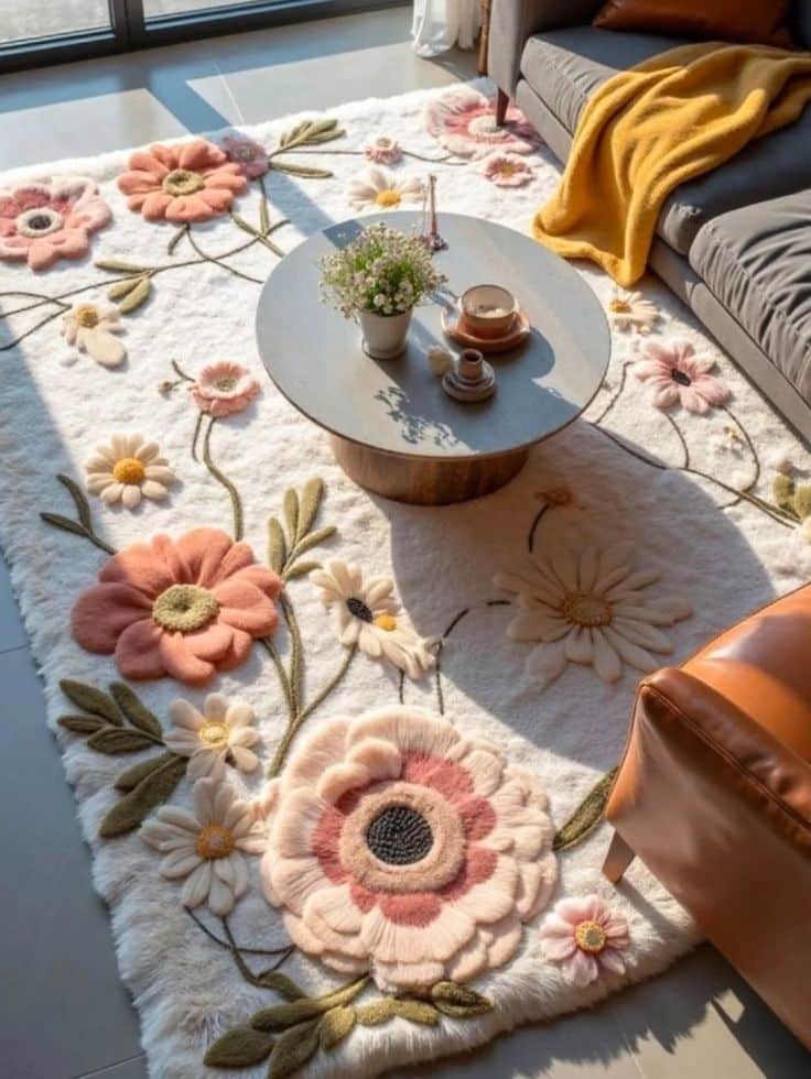 Floral-patterned rug in cozy living room with a round table and sofa, enhanced by warm lighting and a decorative plant.