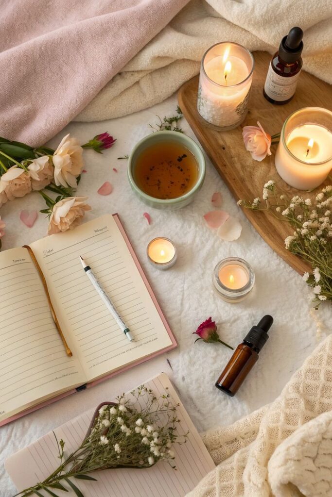 Simple Self Care Ideas For a Calm Happy Mind - Handy Home Cozy flat lay with candles, tea, flowers, open journal, and essential oil on a soft blanket for relaxation and mindfulness vibes.