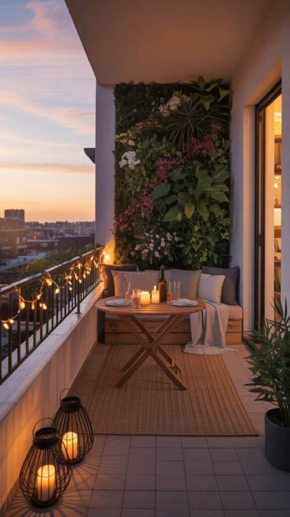 Small Balcony Decor - Handy Home Cozy balcony with string lights, a dining set, wall garden, and candles at sunset; perfect for relaxing evenings.