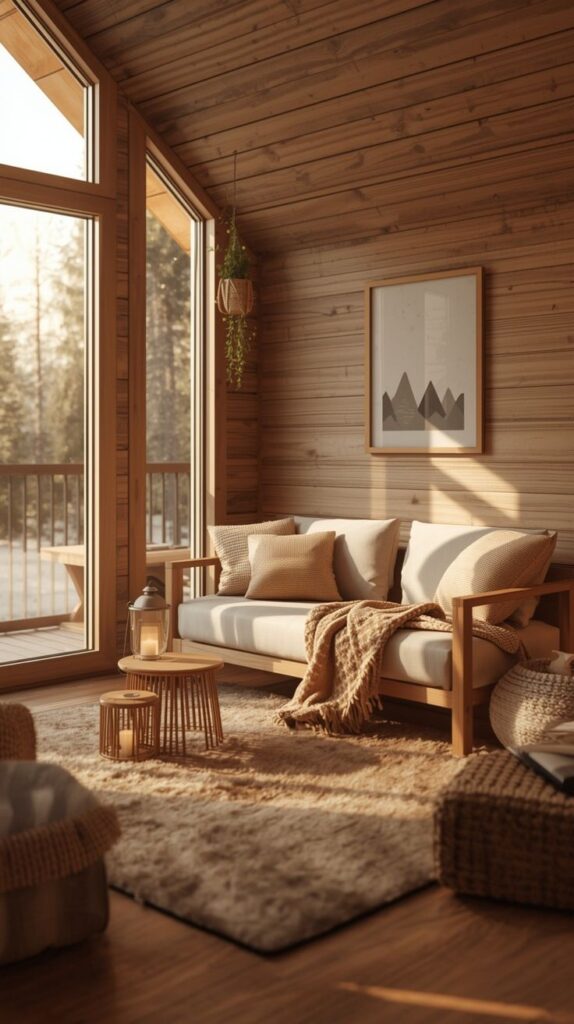 Small modern cabin home interior design beautiful minimal cozy cabin decor ideas Cozy sunlit cabin interior with a modern sofa, rustic decor, and large windows offering a tranquil forest view. - Handy Home Cozy sunlit cabin interior with a modern sofa, rustic decor, and large windows offering a tranquil forest view.