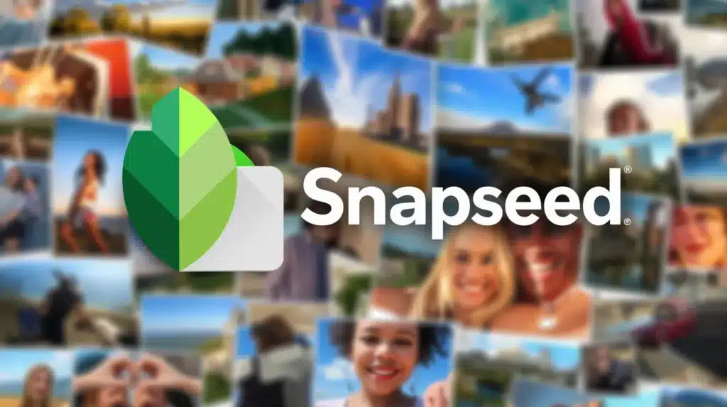 Snapseed_1 - Handy Home Snapseed logo overlay on a blurred collage of photos, representing photo editing and enhancement.
