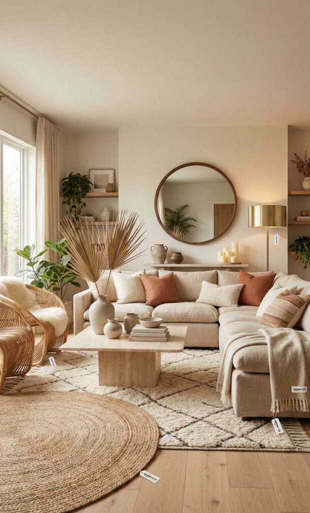 Soft Earthy Luxe Haven Boho Living Room Warm Calm Expensive - Handy Home Modern living room with beige sofa, round mirror, and cozy decor. Natural textures create a warm, inviting space.