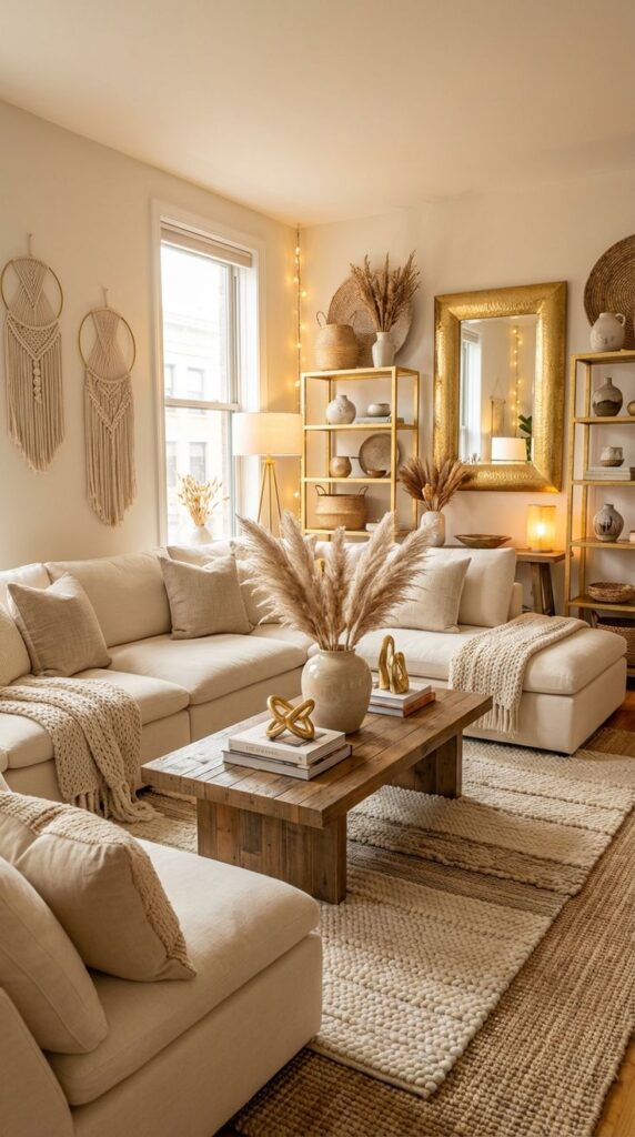 Soft Gold Neutral Luxury Boho Living Room Elegant Dreamy - Handy Home Boho-chic living room with beige sofa, rustic decor, pampas grass, and macrame wall hangings, creating a cozy, natural vibe.